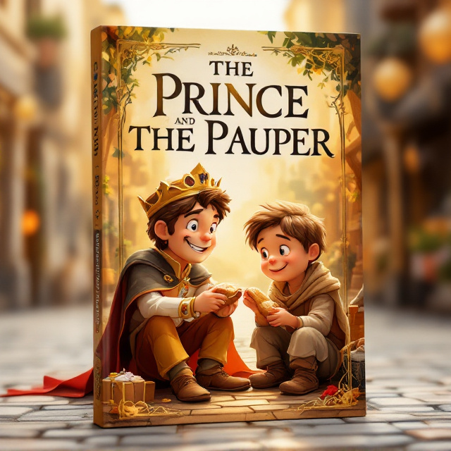 The cover presents a heartwarming scene of a prince in regal attire sitting on a cobblestone street. Beside him sits a little boy beggar wearing tattered clothes. They are both smiling warmly as they share a small toy and a piece of bread, symbolizing friendship and empathy. The background features hints of a bustling medieval market, bathed in warm yellow and brown tones, enhancing the sense of warmth and camaraderie.