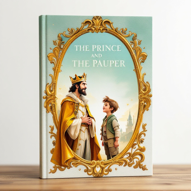 The cover features a dynamic illustration of the prince and the little boy beggar standing side by side at the center, in front of an ornate mirror. The prince is depicted in rich, gold and white royal attire, while the beggar is in contrast with tattered light green and yellow clothing. Their expressions reflect joy and excitement, capturing a sense of adventure. The background is a soft gradient of light green fading into white, symbolizing harmony and balance. Gold accents highlight the frame of the mirror, further enhancing the connection between their worlds.