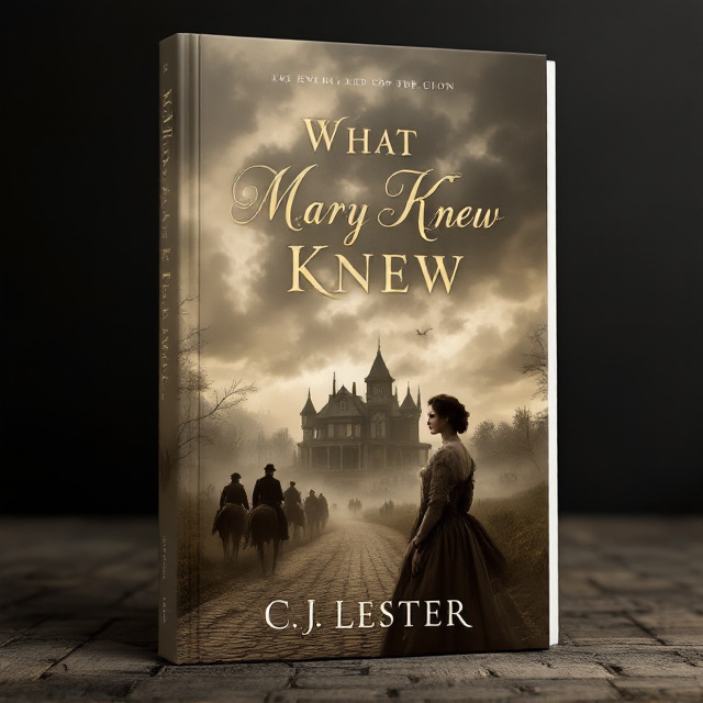 The cover features a sepia-toned illustration of a solemn woman in detailed 1864-era attire, positioned prominently in the foreground. She stands on a cobblestone path leading to a grandiose Victorian house shrouded in shadows. The sky above is an ominous mix of grey and smoke, with faint silhouettes of soldiers on horseback led by Sherman subtly integrated into the clouds, adding a ghostly, paranormal essence.