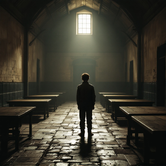 Oliver stands in the foreground of a dimly lit, sparse workhouse room. Empty benches and tables extend into the background, creating a sense of isolation. A small window filters in just a hint of light, casting long shadows across the room. The overall color palette consists of faded browns and light grays to enhance the mood of desperation and hope.