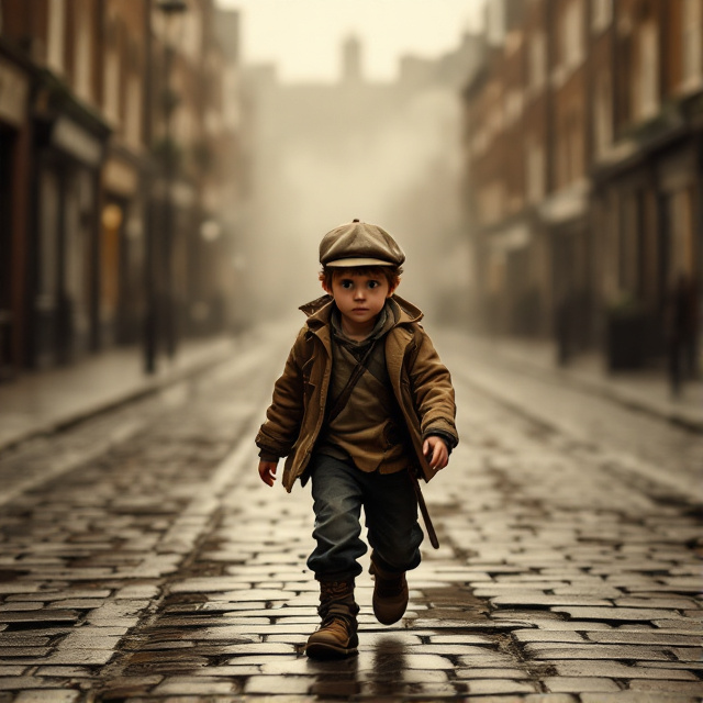 Little Oliver is centrally placed, dynamically captured in mid-motion, wearing tattered clothes with a worn-out cap. The scene is set on an iconic London street with foggy, cobblestone pathways stretching into the background. Sepia tones dominate the scene, enhancing the nostalgic and gritty atmosphere. The edges of the cover are slightly blurred to focus attention on Oliver, symbolizing his innocence amidst the harsh, sprawling city.