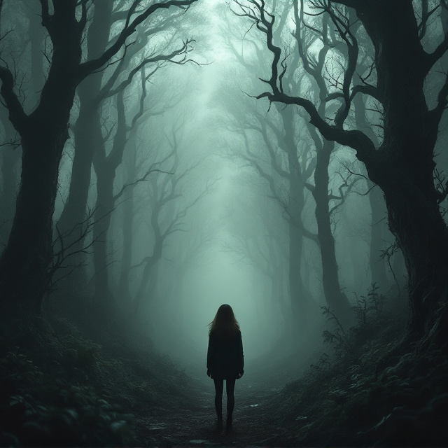 A dense, dark forest with twisted, towering trees veiled in thick, eerie fog. In the foreground, a solitary teenage girl stands with her back to the viewer, slightly off-center, adding a sense of mystery. The fog subtly forms shapes that could resemble lurking silhouettes, enhancing the ominous atmosphere. A muted color palette of deep greens and greys is contrasted by a subtle hint of moonlight.