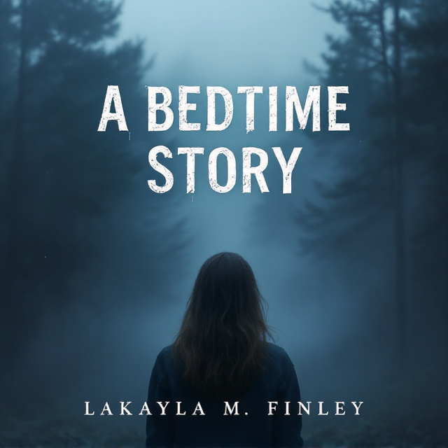 A misty, ethereal fog blankets the foreground, transitioning into dense, dark woods in the background. A teenage girl stands with her back to the viewer, gazing intently into the tree line. The overall color palette consists of deep blues, grays, and hints of silver to create an ominous mood. The girl is subtly illuminated, giving a slight sense of mystery. Shadows and light interplay to create depth and tension within the scene.