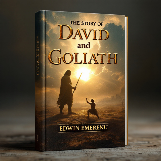 A dramatic depiction of the biblical scene with David poised, sling in hand, facing the towering figure of Goliath. The background is a desolate battlefield at dawn, with rays of light breaking through clouds, symbolizing hope and divine intervention. Subtle textures bring an ancient, folktale feeling to the design.