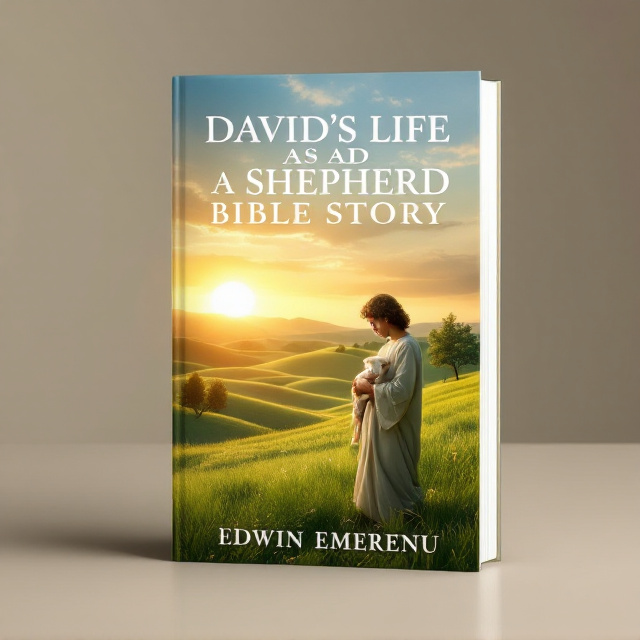 A serene landscape scene of a young David standing amidst a vast, rolling green pasture, cradling a delicate lamb. In the background, a warm golden glow envelops the setting sun, casting soft shadows and suggesting a sense of divinity. A few distant trees add depth and tranquility to the scene, while a faint halo-like aura encircles David to signify holiness.