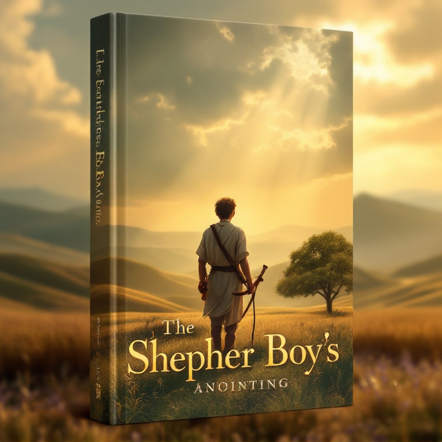 A serene pastoral landscape featuring rolling hills and a single oak tree. A young shepherd boy with a sling hangs loosely by his side, standing in a divine beam of light streaming down from the heavens. In the background, Samuel is depicted holding a horn of oil, with a subtle crown faintly appearing around David’s head, symbolizing his future as king.