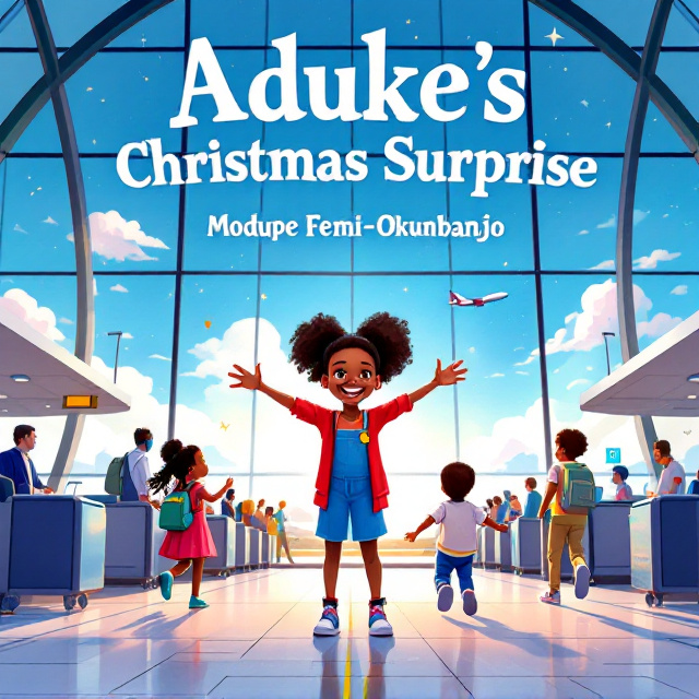 A vibrant illustration of a bustling airport terminal with large blue skies visible through the tall glass windows. Aduke, a joyful young African girl, stands at the center, arms wide open with a broad smile, as her two cousins—a girl aged 8 and a boy aged 12—hurry towards her with excitement. Passengers and airport signs give context to the setting, with an airplane taking off visible in the distance, reinforcing the theme of travel and reunion.