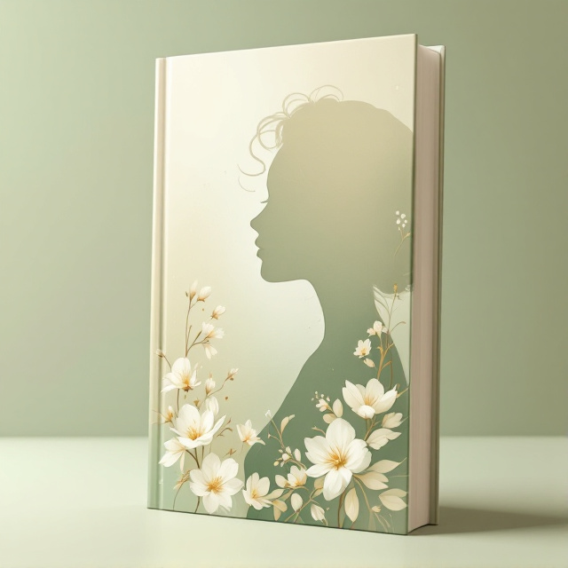 A graceful silhouette of a woman's profile dominates the lower half of the cover, delicately outlined against a soft, gradient background transitioning from beige to soft green. Surrounding her are illustrations of white blooms, cascading gently around the profile, embodying nostalgia and tender emotions. The soft gold highlights add a touch of elegance and warmth.