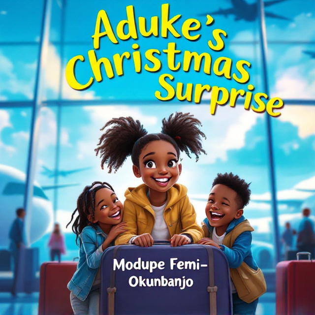 A vibrant airport scene bathed in a soft blue light, with three joyful children at the foreground. Aduke, an African girl of around 10, is in the center with a suitcase, her expression filled with joy and anticipation. She is surrounded by her two cousins, an 8-year-old girl and a 12-year-old boy, both laughing and hugging her. Airplanes are visible through large windows behind them, adding to the sense of adventure. The background captures the hustle and bustle of the airport.