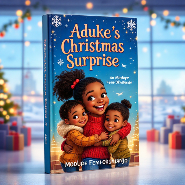 The cover features a vibrant illustration of a bustling airport terminal with a young African girl, filled with joy and excitement, embracing her two cousins. The girl is dressed in a festive red sweater, while her cousins, an 8-year-old girl and a 12-year-old boy, are similarly dressed for the holiday season. Bright holiday decorations and twinkling lights fill the background, radiating warmth and cheer. The terminal's large windows reveal a snowy landscape beyond, enhancing the festive atmosphere. The primary color, blue, predominates the cover with accents of red, green, and gold for a Christmas touch.