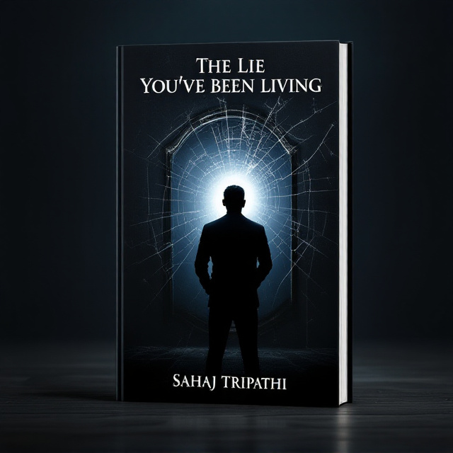 The cover features a dark, moody background with a subtle gradient from deep black to a slightly lighter shade at the center, representing the transition from ignorance to enlightenment. Centered is the silhouette of a man standing before a cracked mirror. His reflection within the mirror, partially shattered, signifies inner turmoil and introspection. An ethereal light emits from behind the silhouette, symbolizing guidance and spiritual awakening. The reflection and shadow play create a sense of depth and contemplation.