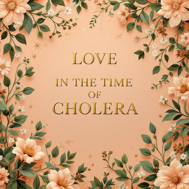 The cover features a lush, warm-toned peach background adorned with intricate floral patterns in shades of green and gold to create a romantic atmosphere. In the center, the title "LOVE IN THE TIME OF CHOLERA" is encircled by delicate floral elements, symbolic of romance and nostalgia. The background also includes soft, abstract impressions of vintage letters to evoke a sense of timeless love.