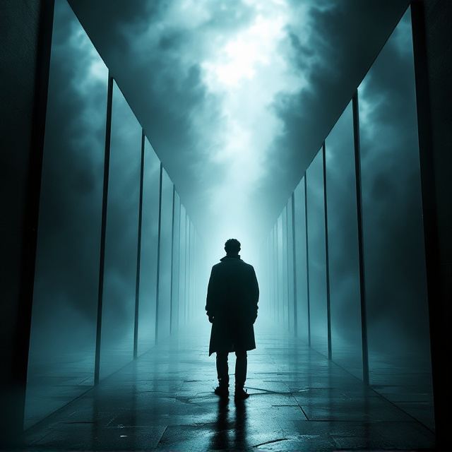 A shadowy figure stands at the edge of a dimly lit corridor of mirrors, each one reflecting different fragments of his face, suggesting a journey of self-discovery and introspection. The background portrays a surreal, dream-like world, with fog swirling around, creating a sense of being trapped yet on the verge of breakthrough.