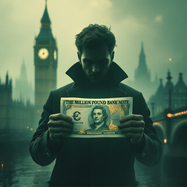 The main character appears as a shadowy silhouette in the foreground, gripping the million-pound note with an expression of bewilderment. Behind him, Big Ben and the London Bridge emerge in hazy detail, cast in muted green and beige tones. Dark blue accents give depth to the cityscape, while hints of gold thread through the banknote, symbolizing its immense value and significance in the story.