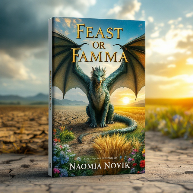 A dragon stands prominently in the center of the cover. On the left, the field is barren with cracked earth and withered plants surrounding the dragon's tail. On the right, the field is lush, teeming with vibrant greenery, golden wheat, and colorful wildflowers bordering the dragon's wings. The sky transitions from stormy gray on the left to a bright blue with a golden sun on the right.