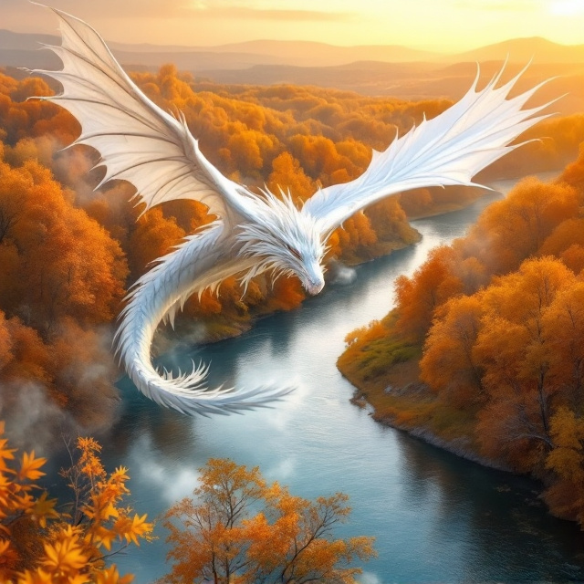 A majestic white dragon with sleek, delicate scales is soaring gracefully over a serene, blue river that winds through an autumn landscape with shades of amber and orange foliage on either side. The dragon breathes soft white mist from its nostrils as it flies and its wings are spread wide. A distant horizon shows golden light casting warm hues over the scene, adding a magical and uplifting atmosphere.