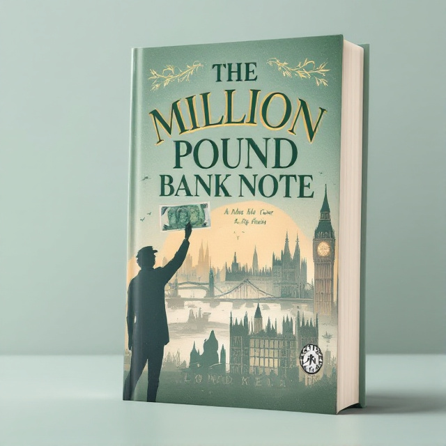 A silhouette of the main character stands prominently on the left of the cover. He is holding up a large banknote, with the intricate details of the note subtly highlighted to catch the eye. Behind him, iconic London landmarks, such as Big Ben and Tower Bridge, are placed against a muted green and beige cityscape. Accents of dark blue and gold are integrated into the skyline, giving it a whimsical yet refined touch.