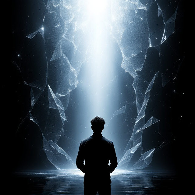 A man standing in front of a large, fragmented mirror. The shards of the mirror reflect different aspects of his face and consciousness. A bright, ethereal ray of light emerges from the top left corner, illuminating his path and casting a divine glow across the dark black background, symbolizing spiritual awakening and realization.
