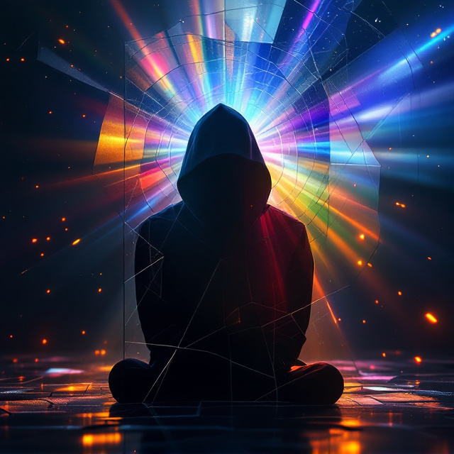 A shadowy silhouette at the center absorbing vibrant rays of energy in various colors, mimicking a prism reflection against a backdrop of fragmented mirrors. The dark navy bluish-black theme accentuates the shadow, with the broken mirror reflecting distorted images and energies around the cover.