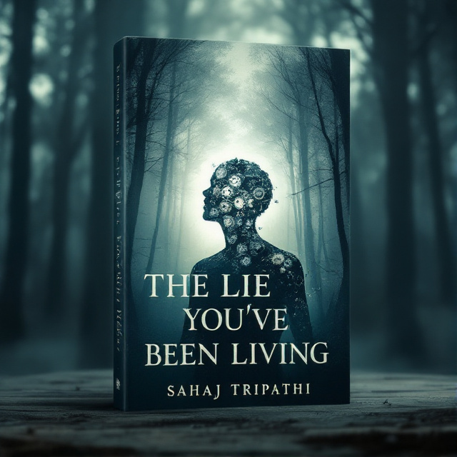 A misty, dark forest scene fills the background with ethereal light breaking through dense trees. In the foreground, a translucent silhouette of a person with a fragmented body, symbolizing breaking free from illusions. A subtle reflection of their shadow containing gears and clockwork, representing the mind's constructs.