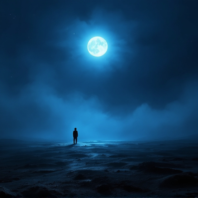 A lone, enigmatic figure is depicted standing on desolate, barren lands under a navy bluish-black night sky. The scene is moonlit, casting eerie shadows and highlighting the emptiness of the surroundings. In the foreground, the silhouette of a weird man appears lost and searching, emphasizing a sorrowful, contemplative mood. Wisps of fog drift across the land, partially obscuring features and contributing to a sense of mystery and ambiguity.