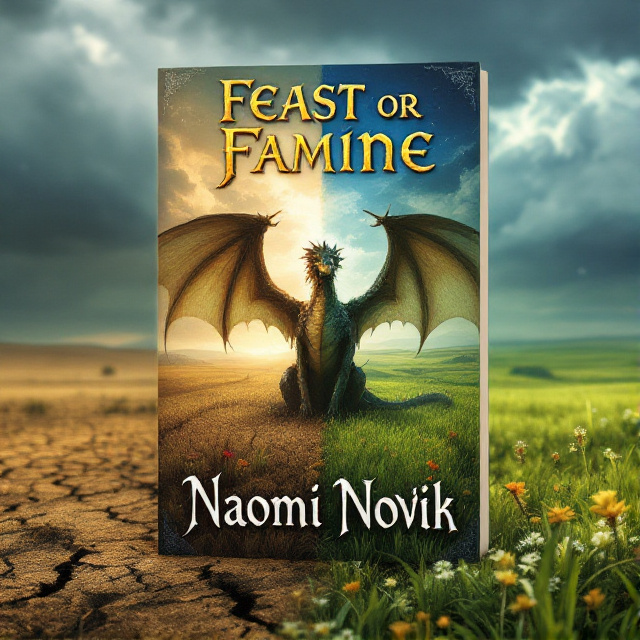 A majestic dragon standing in the center of a field, its wings partly open. The left half of the field is barren and lifeless, with dry, cracked earth and a somber, muted color palette. The right half is lush and vibrant, with verdant grass, blooming flowers, and bright, warm colors. The sky above is divided similarly, with dark, stormy clouds on the left and clear, sunny skies on the right.