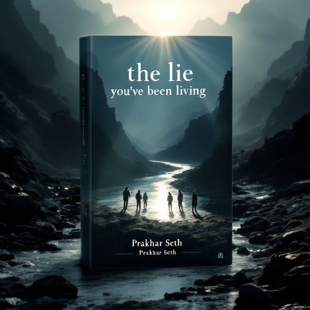 A reflective mirror at the book's center, capturing a sunbeam, with silhouettes of people standing along a winding river snaking through the mountains. The background shows the jagged peaks cast in muted shadows against a dark theme. The mirror appears to hover above the landscape, emanating subtle rays of sunlight.