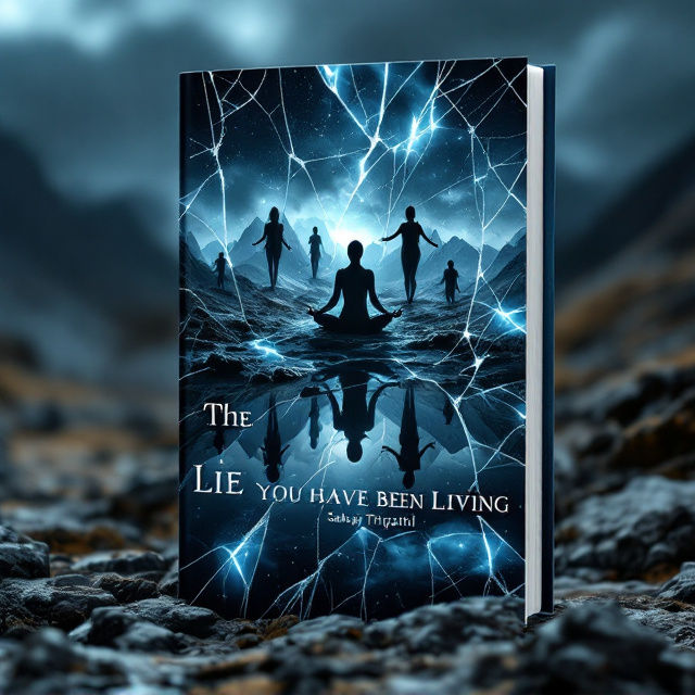 A striking visual of a cracked, broken mirror reflecting jagged mountain peaks and barren lands. Eerie shadows of ghostly figures blend into a dark, stormy sky to convey mystery and dilemma. The mirror's surfaces capture glimpses of eerie yoga poses that evoke a ghostly horror vibe, set against a navy-blue and blackish color palette.