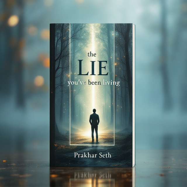 An ethereal scene with a forest and river flows softly across the cover, divided in its center by a large, vertical mirror. In the reflection of the mirror stands a man poised on the edge of revelation, gazing into a shimmering, radiant ray of light that emanates mysteriously from above.