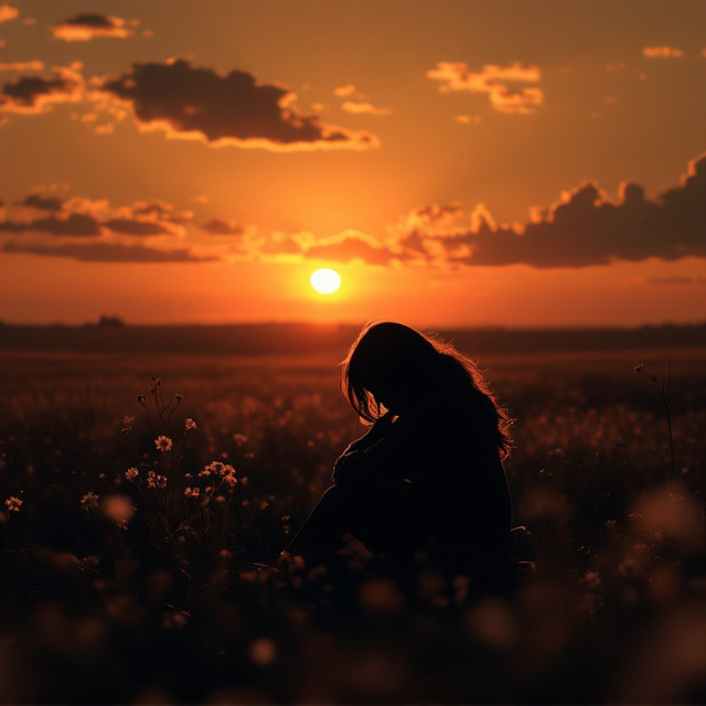 A dusky sunset on a horizon casting a warm, golden glow across a vast field. In the foreground, silhouettes of a girl sitting alone, hugging her knees, are captured. A subtle overlay of translucent shadowy figures surrounds her, suggesting the "bayang-bayang hitam" (dark shadows). Delicate, wispy clouds pass through the sky, tinged with the fading light of the evening. The field is dotted with wildflowers blending into the dusky hues, adding softness and solitude.