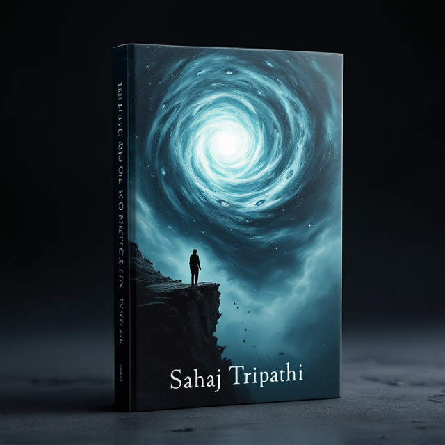 A shadowy figure stands at the edge of a disintegrating cliff, with fragments of the ground suspended in mid-air. Above, a swirling vortex of mist reveals subtle shapes of eyes and blurred faces suggesting introspection and emerging awareness. The color palette is dark with deep blues, blacks, and hints of ethereal white light breaking through.