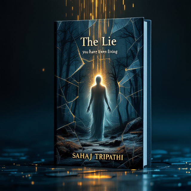 A broken mirror forms the foreground with its shattered pieces reflecting barren lands and a wild forest, creating a fragmented view. Above, a subtle golden hue symbolizes a falling light, casting an ethereal glow. A translucent spirit figure appears to be emerging from one of the mirror shards, suggesting a soul escaping. The background is a dark gradient of navy blue transitioning into blackish tones, accentuating the mystery aspect.