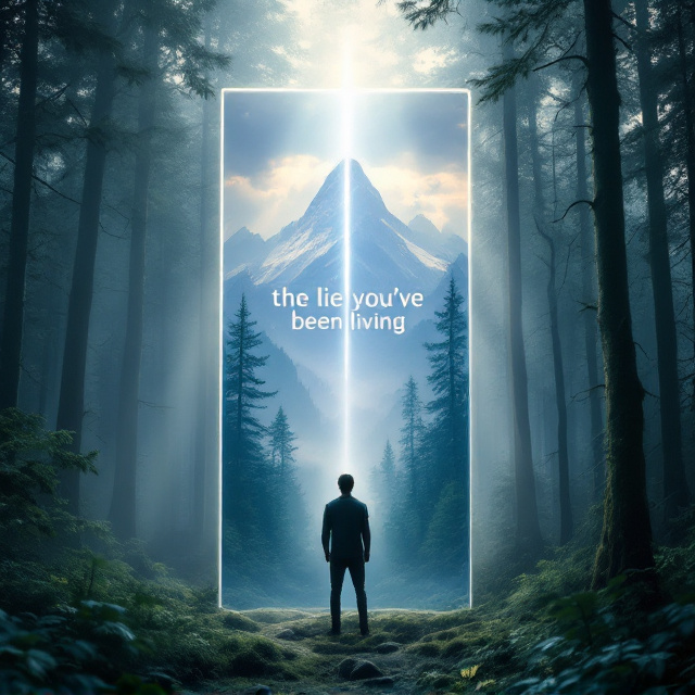 A young man stands in the middle of a dense forest, surrounded by towering trees. He faces a large, ethereal mirror that appears to reflect a different reality, showing a clear mountain peak bathed in a ray of light emerging from a cloudy sky. The forest is enveloped in mist, hinting at mystery and illusion. The scene captures the feeling of a spiritual journey and awakens curiosity.
