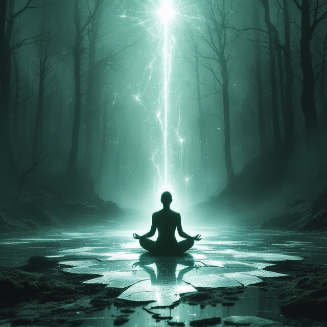 A haunting, ethereal scene where a broken mirror reflects a barren landscape and an ominous wild forest in fragments. A shimmering, strong spirit light descends from the top, casting an otherworldly glow. From a figure sitting in a yoga pose, a soul appears to separate, creating a sense of tension and mystery. The colors are a mix of deep greens, stark whites, and ethereal blues, adding depth and intrigue.