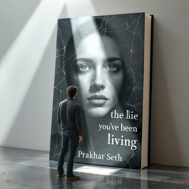 A man stands in front of a large, slightly cracked mirror, his reflection showing a different, more enlightened version of himself. Ray of light pierces through the top corner of the cover, illuminating half of the man's face and the reflection in the mirror. Around them, shadows play on the walls, hinting at faces and figures searching for answers.