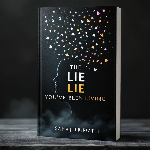 A dark, textured background with a shadowy silhouette of a human face dissolving into tiny birds flying upwards, symbolizing liberation and self-discovery. The birds transition from monochrome to colorful hues as they ascend, indicating a journey from illusion to truth. The cover has an ethereal mist surrounding the lower half, suggesting mystery and introspection.