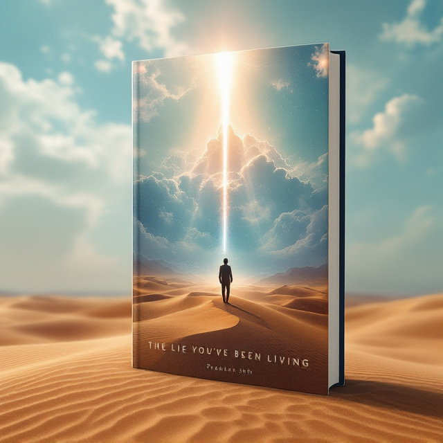 The cover will feature a surreal desert landscape, emphasizing an expansive mirage. In the foreground, a silhouette of a man appears to be walking towards the horizon. Above him, a ray of light pierces through a partly-clouded sky, symbolizing divine guidance emerging from illusion to reality. Ambient elements like shimmering sands and translucent optical effects accentuate the spiritual tone. A subtle virtual grid overlays the landscape, hinting at the theme of a constructed reality.