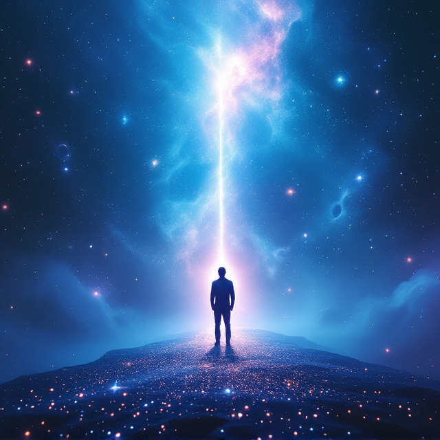A vast, ethereal space setting with swirling galaxies and planets, all rendered in soft, gentle hues of blues and purples to evoke a sense of wonder and vastness. In the foreground, a translucent silhouette of a man stands on a path made of stardust, guided by an intense ray of light coming from above. The virtual elements shimmer subtly around him, hinting at the boundary between illusion and reality.