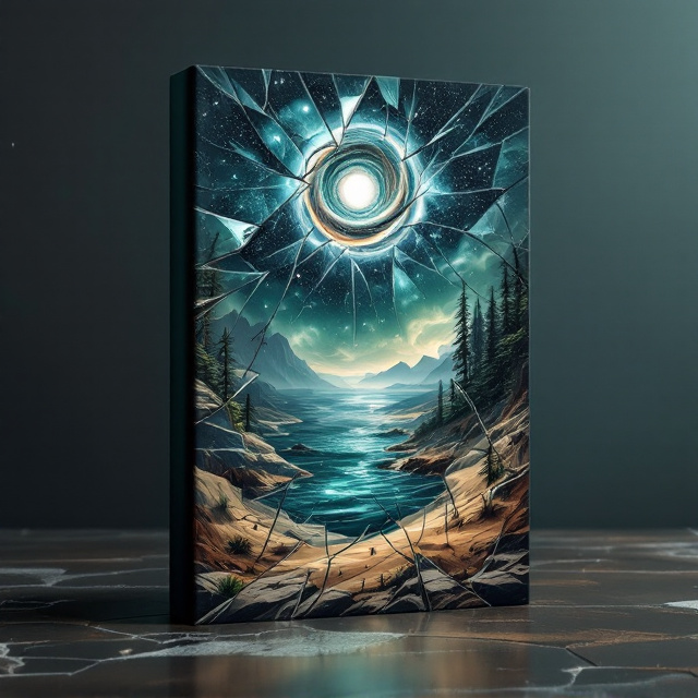 The cover features a fractured, broken mirror that reflects a disjointed blend of a barren land, a wild forest, a scary desert, and a tumultuous ocean. In the foreground, splintered fragments of the mirror overlap to create an illusion of fragmented time and space. Above this chaotic scene is a mesmerizing view of the stars and a swirling solar system, adding a cosmic sense of mystery and wonder. The color palette is a mixed array, with deep blues, dusty browns, and eerie greens, all layered to create a sense of depth and intrigue.