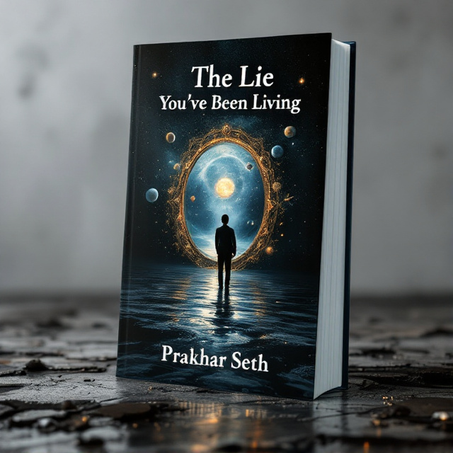 A dark-themed cover with a central mirror reflecting a man gazing into it with planets swirling around him. The river flows beneath the mirror, running off the edge of the cover, symbolizing an awakening journey. Shadows and highlights enhance the mystical atmosphere, giving a sense of a deeper reality.