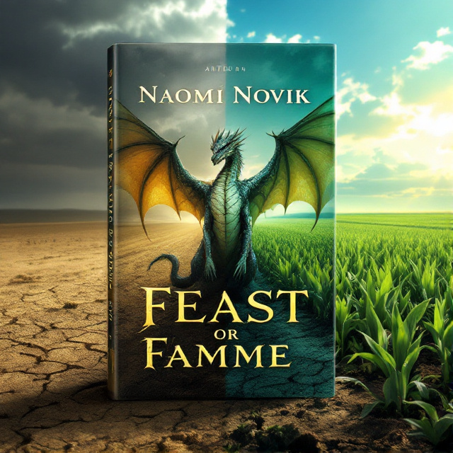 A majestic dragon with shimmering scales stands in the middle of the field, casting a shadow. The left side of the field is barren, with cracked earth and a dim, moody sky, while the right side is abundant with vibrant green crops under a bright, inviting sky. The dragon's pose symbolizes balance, with its wings partially spread, linking both sides of the field. The background gradually transitions in color from dark browns and grays to bright greens and blues.