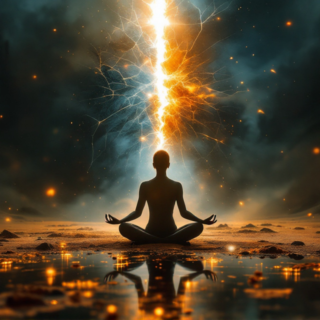 A juxtaposition of a broken mirror reflecting a barren land on one side and a wild, dark forest transitioning into a scary desert on the other. Light beams pierce through the middle, causing the illusion of a soul gently lifting out from a yoga-posed figure at the center. The background merges seamlessly from light to dark, emphasizing the dual nature, with soft shadows adding depth. The overall theme echoes a sense of dilemma and overwrought emotion, with an ethereal, peaceful glow cast over the scene.