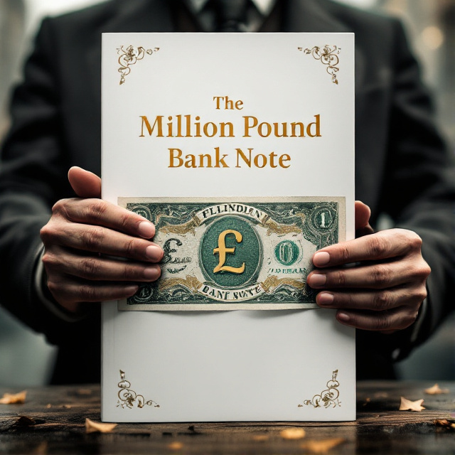 The cover features a dramatic close-up of the main character's hands clutching a massive banknote at the center. The banknote is adorned with classical pound symbols and intricate vintage design details, bathed in a rich blend of gold and duck green hues. A white background provides stark contrast, enhancing the sense of shock and disbelief. Soft, blurred imagery of Victorian London appears faintly in the background to provide a narrative context.