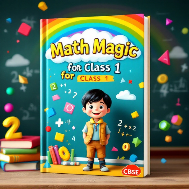 A cheerful young student with short black hair stands at the center of the cover page, wearing a school uniform and surrounded by joyful, cartoon-style numbers, shapes such as circles, triangles, squares, and a vibrant rainbow overhead. A chalkboard is visible in the background with the equation '2 + 2 = 4' and other fun math symbols. Bright colors of yellow, blue, and green dominate the scene. On one corner, a few colorful math books are stacked, while geometric shapes float around in a lively manner.