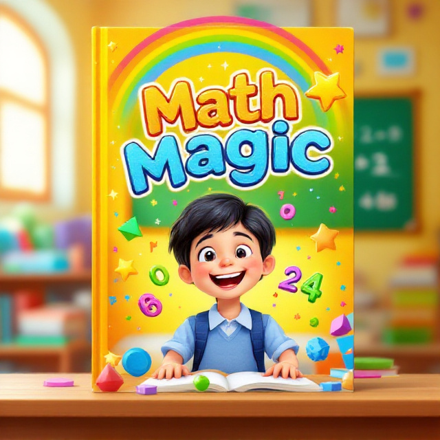 A joyful, colorful cover illustration shows a cheerful young student with short black hair, wearing a blue school uniform, enthusiastically interacting with playful, floating numbers and shapes like circles, triangles, and squares. The scene is set in a lively classroom with a radiant yellow background. In the background, a chalkboard displays simple math equations like '2 + 2 = 4' and fun math symbols. Enhancing the excitement, elements like a rainbow arch above, math books stacked nearby, and vibrant geometric shapes are placed around to create a playful and engaging environment.