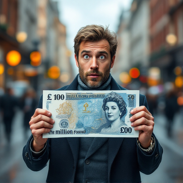 The main character is in the center of the cover, holding a large, visually striking million-pound banknote that extends almost the full width, his face showing a mix of surprise and disbelief. The background features a blur of city elements to indicate the bustling London streets. The colors of blue and gold are used dominantly, with silver highlights on the banknote itself.