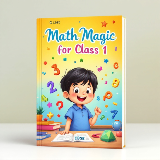 A delightful illustration of a happy young student with short black hair is centered on the cover. The student is animatedly engaging with a flurry of bright, colorful numbers and friendly geometric shapes floating around in a lively classroom setting. Behind this scene is a soft gradient background transitioning from vibrant yellow at the top to a soothing sky blue towards the bottom, enhancing the joyful and energetic mood.