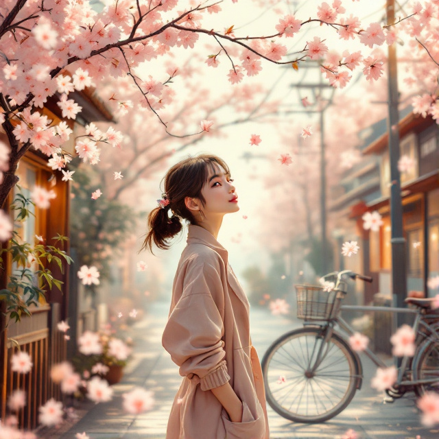 A romantic and nostalgic scene depicting a young woman in 1980s retro fashion standing on a vintage street, with delicate cherry blossoms floating around her. The background features soft pastel colors enhancing the emotional aspect, with an old bicycle leaning against a fence next to her, symbolizing a journey or transition.