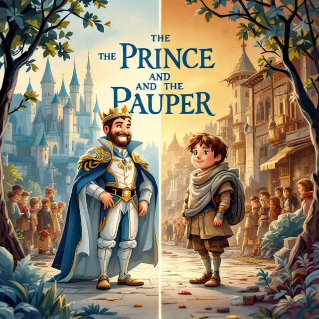 The cover features an intricate illustration juxtaposing the prince and the pauper. On the left, a regal prince stands dressed in elaborate blues and whites, grinning with confidence. On the right, the pauper, wearing simple browns and ragged clothes, looks shy and curious. Behind them, a split background vividly contrasts a majestic castle on the prince's side and a gritty, bustling slum on the pauper's side, effectively showcasing the stark differences in their worlds. The use of gentle blues and browns invokes empathy while maintaining a child-friendly aesthetic.