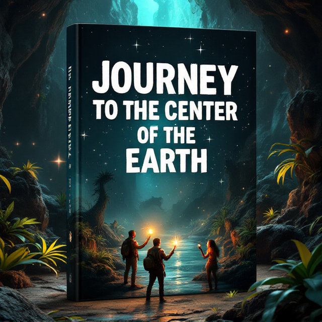 An expansive underground cavern scene with a mix of blues and deep greens, featuring explorers at the forefront, basking in light from their torches, casting reflections on underground rivers. In the background, exotic plants and ancient creatures subtly cast shadows, adding depth and intrigue. Sparkles are scattered throughout, enhancing the sense of discovery and wonder.